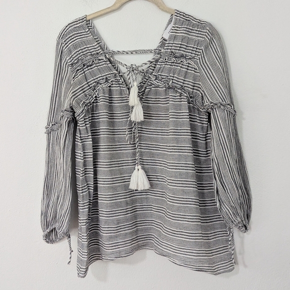 10 Crosby Derek Lam Tops - Derek Lam 10 Crosby Cross Tassel Striped Blouse Lightweight Gauzy White Gray 4